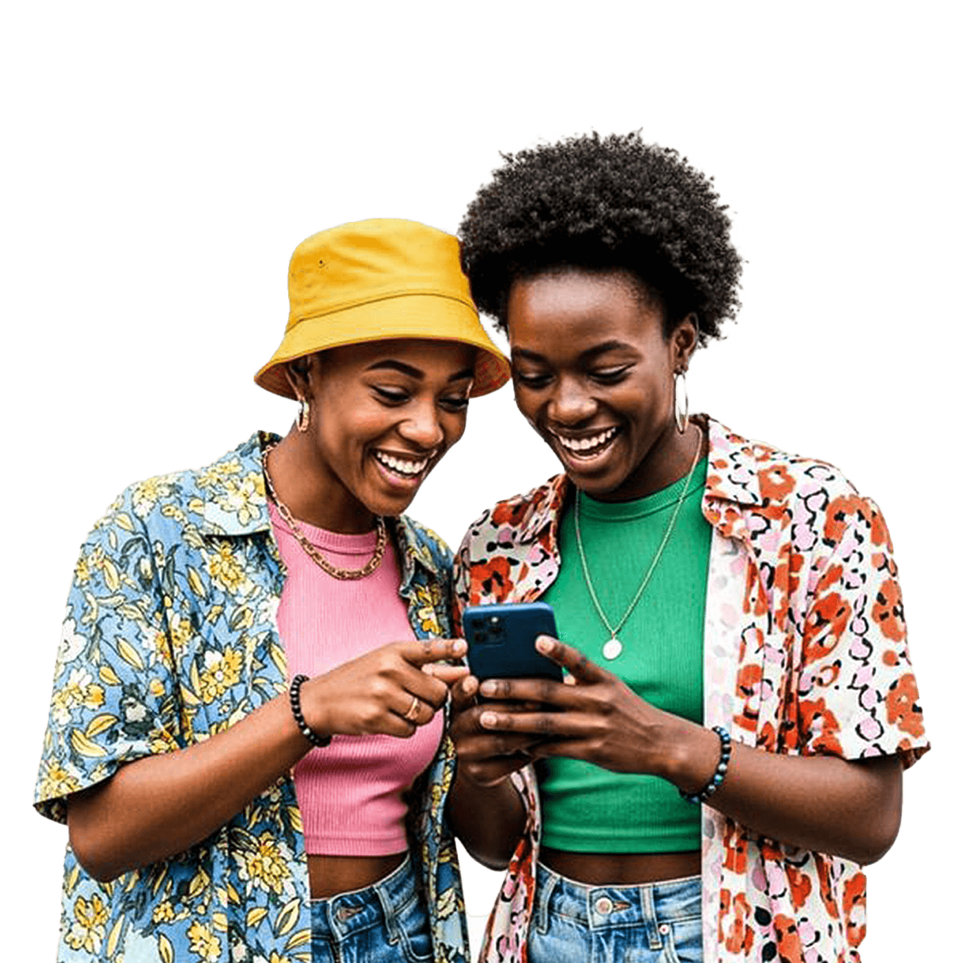 Two women smiling and using a smartphone